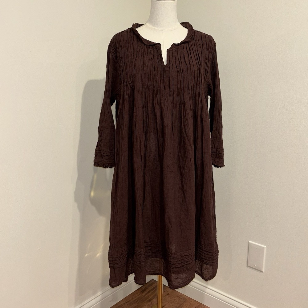 NWOT JP And Mattie Dress Womens L Brown Pintuck Crinkle Gauze Cotton Long Sleeve
